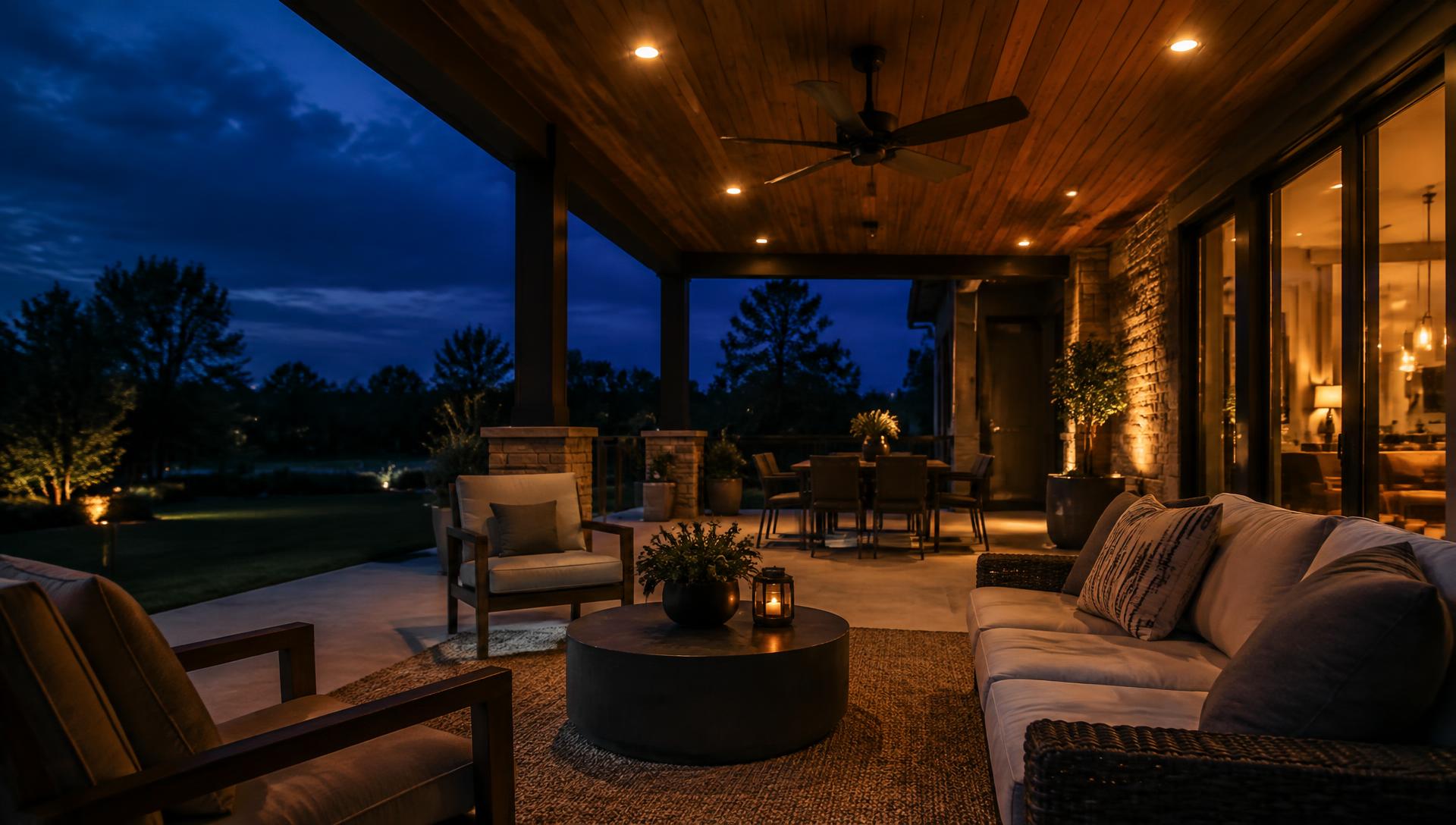 A covered patio glowing with warm lights at dusk (atmospheric photo)