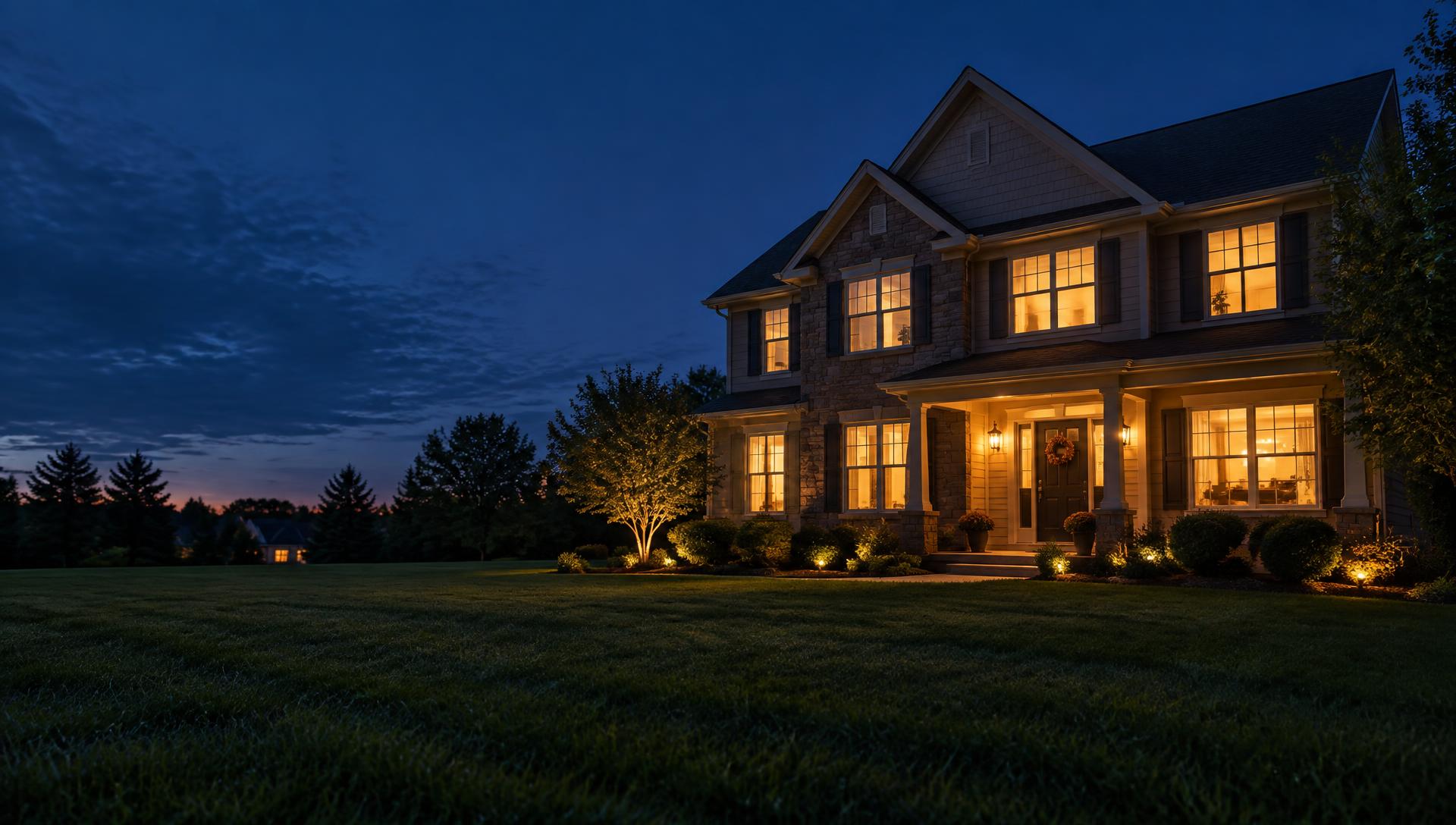 A two-story home at dusk with warm light glowing in the windows (atmospheric photo)